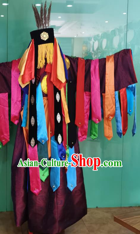 Chinese Ethnic Fiesta Ceremonial Clothing Traditional Shaman Wizard Purple Robe Mongol Minority Religious Rites Apparels and Hat