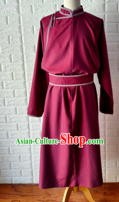 Chinese Mongolian Ethnic Clothing Traditional Wine Red Mongolian Robe Mongol Minority Male Garment Costume