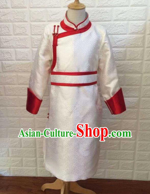 Chinese Ethnic Children Clothing Mongolian Boys Festival Garment Mongol Nationality Stage Performance White Brocade Robe