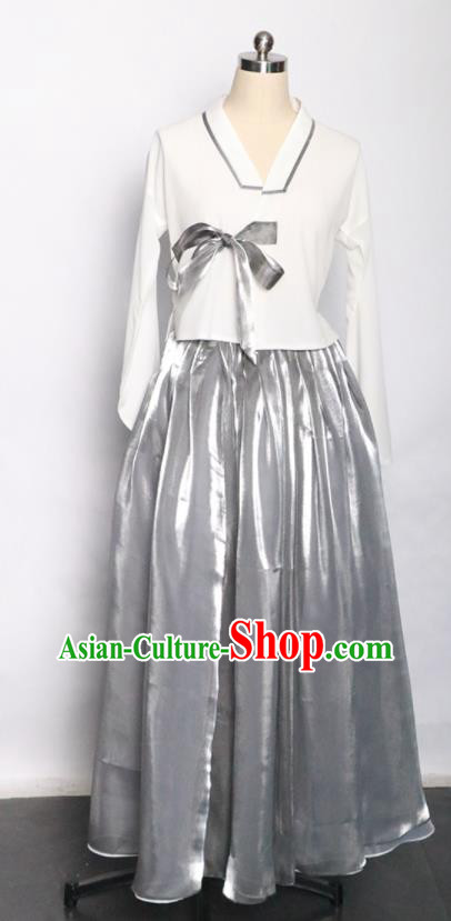 Chinese Traditional Korean Nationality Grey Dress Outfits Chaoxian Minority Woman Garment Costume Heilongjiang Ethnic Folk Dance Clothing