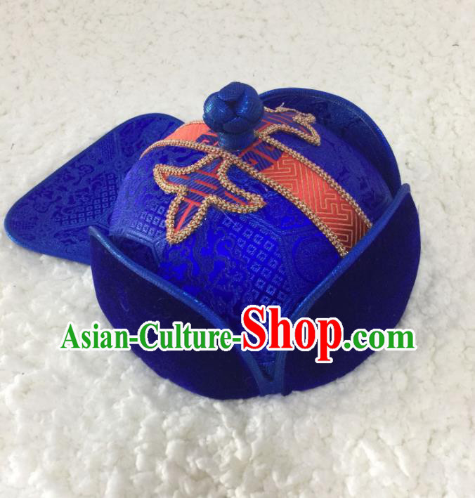 China Handmade Ethnic Children Winter Royalblue Brocade Hat Mongolian Nationality Headwear Mongol Minority Boy Headdress