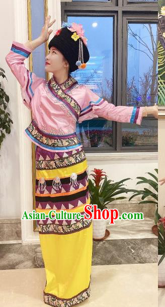 Chinese Wa Minority Woman Garment Costumes Yunnan Ethnic Folk Dance Clothing Traditional Va Nationality Festival Dress Outfits