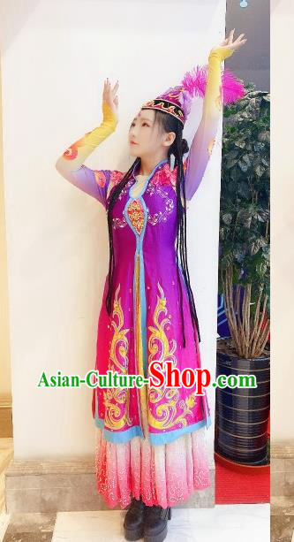 Chinese Traditional Uyghur Nationality Festival Purple Dress Outfits Uighur Minority Woman Garment Costumes Xinjiang Ethnic Folk Dance Clothing