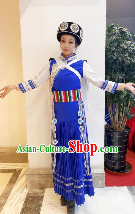 Chinese Yunnan Ethnic Folk Dance Clothing Traditional Naxi Nationality Festival Blue Dress Outfits Nakhi Minority Woman Garment Costumes