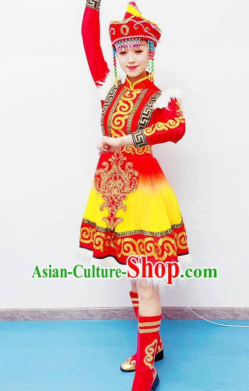 Chinese Mongolian Minority Woman Garment Costumes Ethnic Folk Dance Clothing Traditional Mongol Nationality Performance Red Dress Outfits