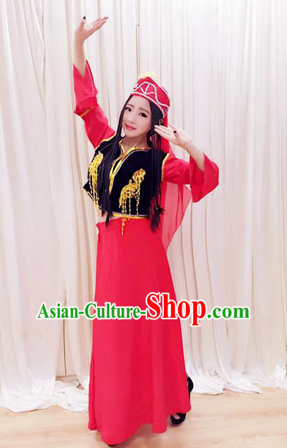 Chinese Uigurian Minority Woman Garment Costumes Xinjiang Ethnic Folk Dance Clothing Traditional Uyghur Nationality Performance Rosy Dress Outfits