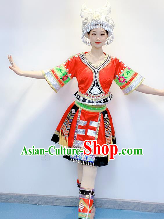 Chinese Miao Minority Festival Garment Costumes Xiangxi Ethnic Folk Dance Clothing Traditional Tujia Nationality Performance Red Dress Outfits