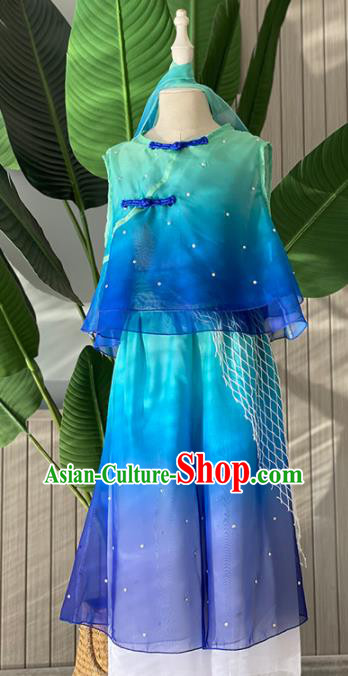 Chinese Children Day Performance Blue Outfits Stage Performance Garments Kids Yangko Dance Costume Fan Dance Clothing