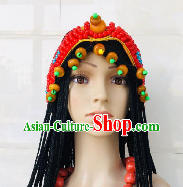 China Xizang Ethnic Wedding Bride Red Beads Headdress Zang Nationality Folk Dance Hair Accessories Tibetan Minority Performance Hairpieces