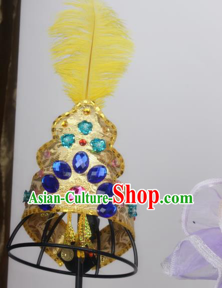 Chinese Traditional Children Performance Hair Accessories Kazakh Ethnic Girl Hair Crown Folk Dance Feather Hat