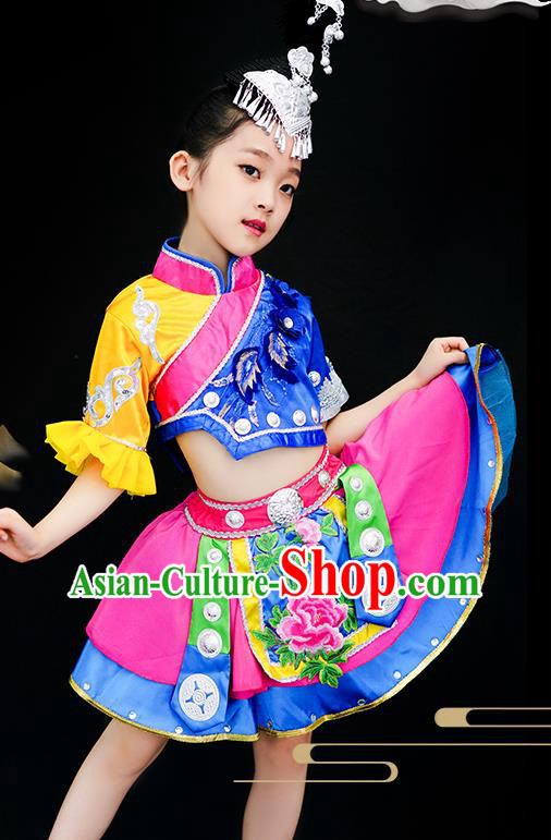Chinese Miao Minority Children Dance Clothing Ethnic Girl Dance Costumes Xiangxi Hmong Nationality Stage Performance Dress Outfits