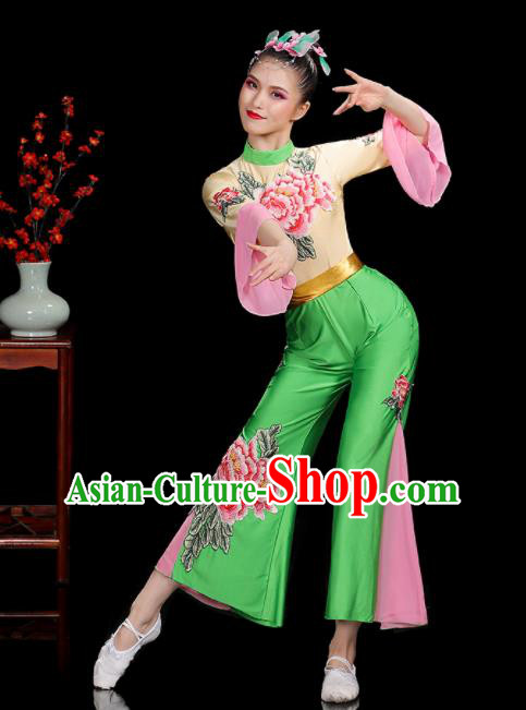 Professional China Fan Dance Clothing Folk Dance Printing Peony Green Outfits Women Group Dance Costumes Yangko Dance Garments