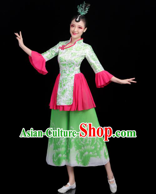 Chinese Traditional Yangko Dance Apparels Women Group Performance Clothing Fan Dance Printing Green Outfits Folk Dance Costumes