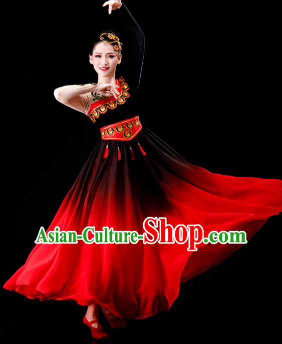 Chinese Xinjiang Ethnic Festival Performance Costumes Uyghur Nationality Dance Red Dress Outfits Uighur Minority Folk Dance Clothing