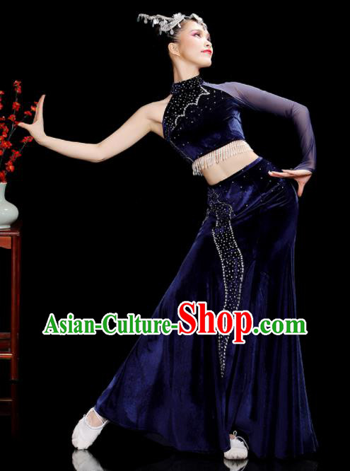 Chinese Dai Nationality Stage Performance Navy Velvet Dress Outfits Tai Minority Peacock Dance Clothing Yunnan Ethnic Female Dance Costumes
