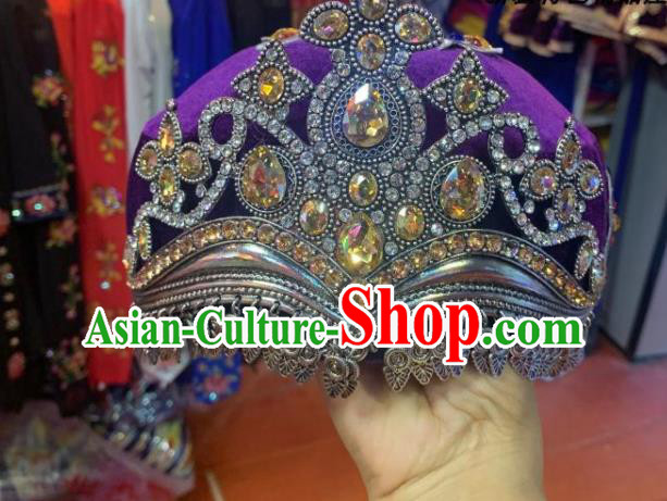 China Uighur Nationality Folk Dance Headwear Uyghur Minority Dance Headdress Xinjiang Ethnic Performance Purple Hat