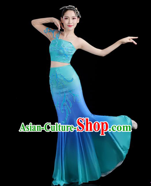 Chinese Dai Nationality Stage Performance Blue Dress Outfits Tai Minority Peacock Dance Clothing Yunnan Ethnic Pavane Dance Costumes