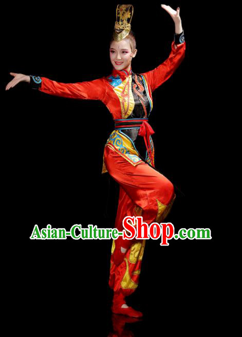Chinese Traditional Fan Dance Red Outfits Folk Dance Costumes Yangko Performance Apparels Women Group Drum Dance Clothing