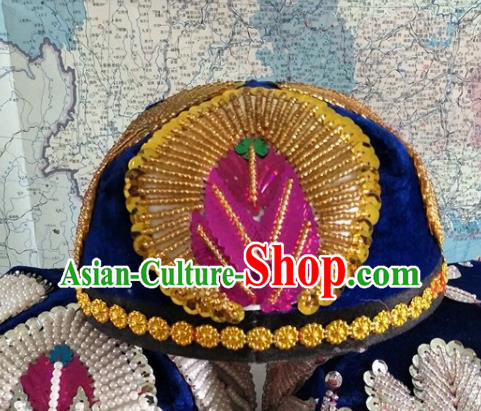 Chinese Uyghur Nationality Embroidered Golden Beads Hat Xinjiang Minority Folk Dance Headdress Ethnic Male Performance Headwear