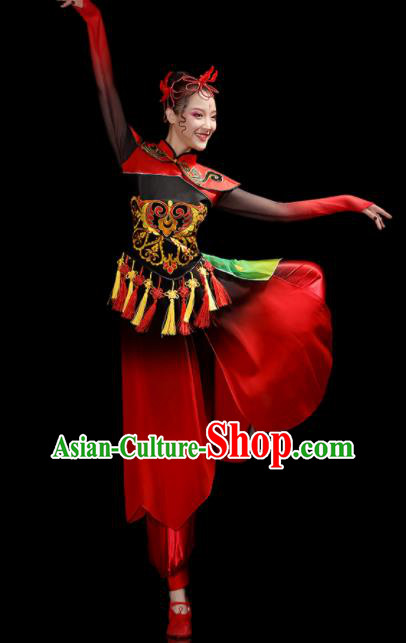 Chinese Women Group Drum Dance Clothing Traditional Fan Dance Red Outfits Folk Dance Costumes Yangko Performance Apparels