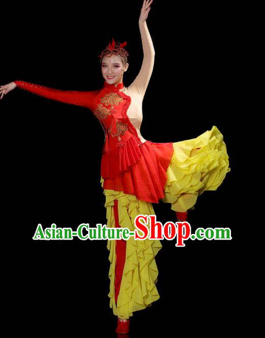 Chinese Folk Dance Costumes Yangko Performance Apparels Women Group Drum Dance Clothing Traditional Lion Dance Red Outfits