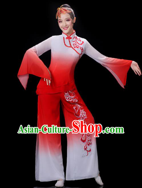 Chinese Traditional Fan Dance Red Outfits Folk Dance Costumes Yangko Dance Performance Apparels Women Group Dance Clothing