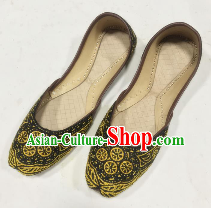 Handmade Indian Female Shoes Asian Wedding Bride Shoes India Folk Dance Shoes Black Embroidered Shoes