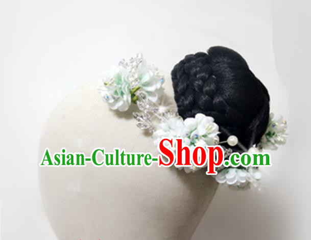 Chinese Women Jasmine Flower Dance Headdress Stage Performance Hairpieces Traditional Umbrella Dance Wigs Chignon Classical Dance Hair Accessories