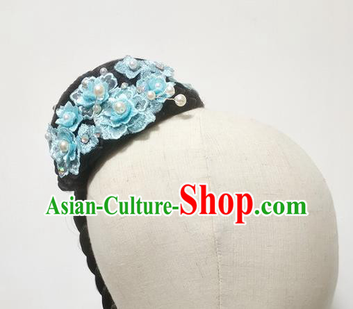 Chinese Stage Performance Blue Flowers Hairpieces Traditional Umbrella Dance Wigs Chignon Classical Dance Hair Accessories Women Dance Headdress