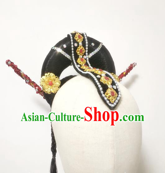 Chinese Classical Dance Hair Accessories Women Dance Headdress Stage Performance Hairpieces Traditional Goddess Dance Wigs Chignon