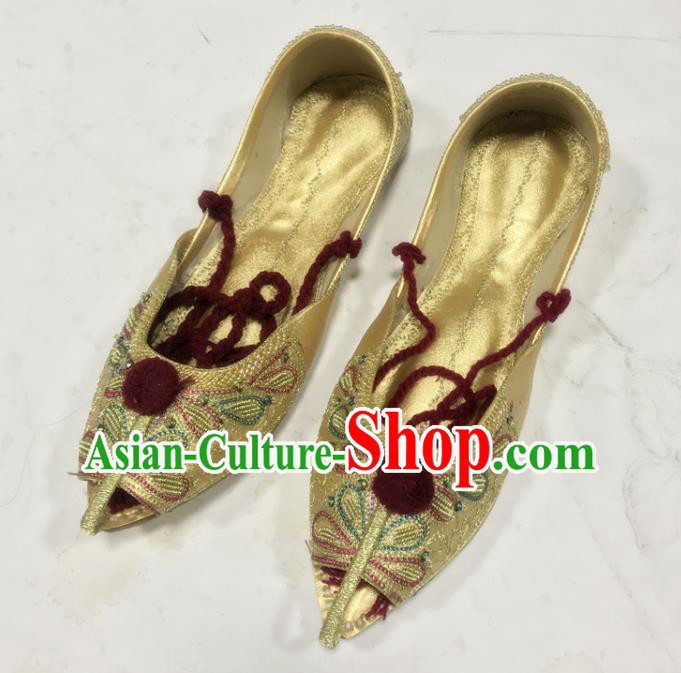Handmade Asian Female Shoes India Wedding Bride Shoes Folk Dance Shoes Indian Embroidery Golden Leather Shoes