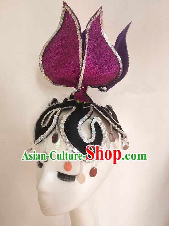 China Folk Dance Purple Aster Hat Yangko Dance Hair Accessories Flying Apsaras Dance Headpiece Women Opening Dance Hair Crown