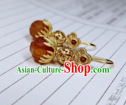 Handmade Chinese Qing Dynasty Palace Eardrop Cheongsam Ear Accessories National Agate Earrings Traditional Golden Gourd Ear Jewelry