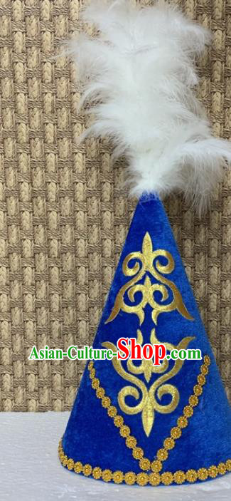 China Xinjiang Ethnic Folk Dance Royalblue Hat Kazak Nationality Stage Performance Headwear  Kazakh Minority Female Feather Headdress