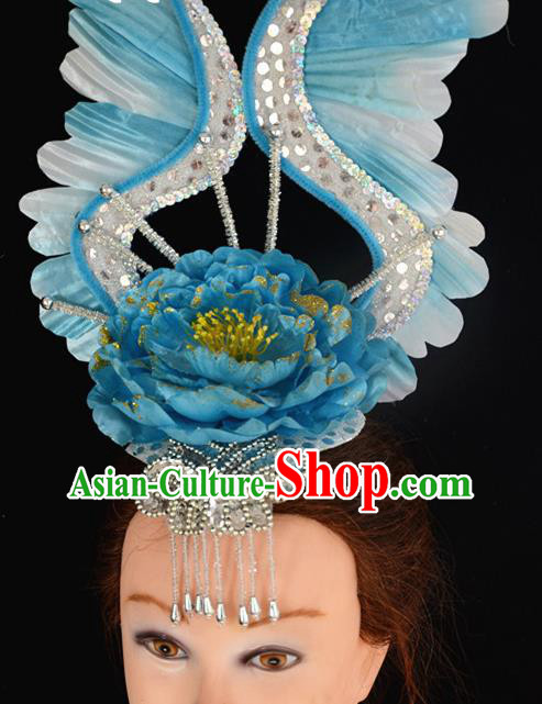 China Modern Dance Headpiece Opening Dance Blue Peony Hair Crown Women Group Dance Hat Flower Dance Hair Accessories