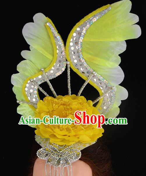 China Spring Festival Gala Flower Dance Hair Accessories Modern Dance Headpiece Opening Dance Yellow Peony Hair Crown Women Group Dance Hat