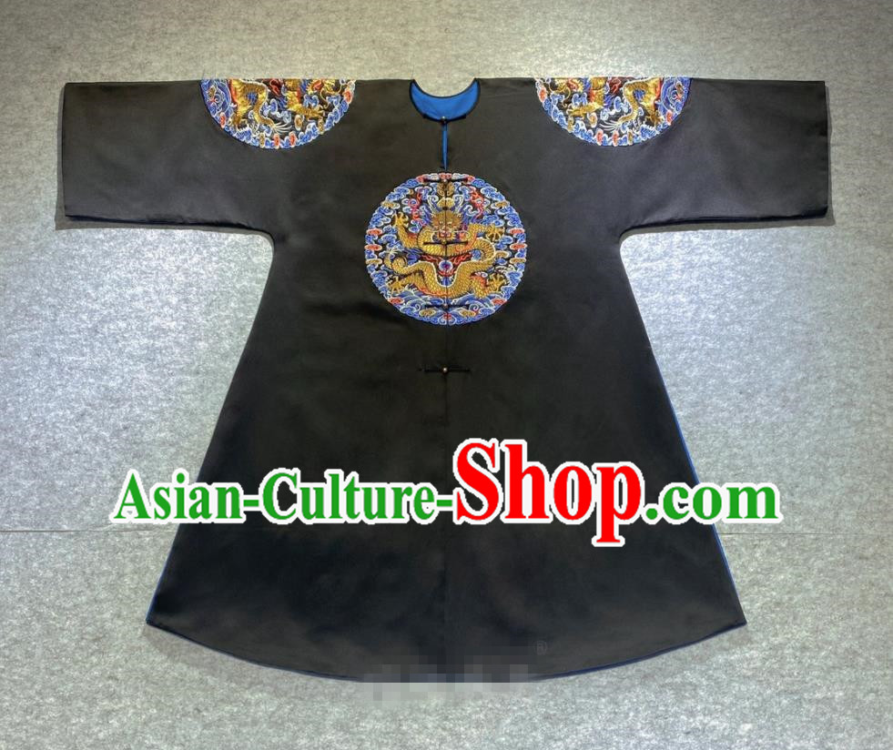Chinese Qing Dynasty Garment Costumes Traditional Manchu Male Official Robe Ancient Royal Highness Black Imperial Gown