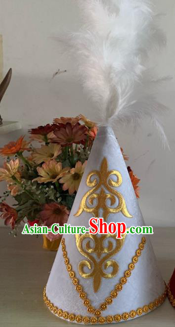 China Kazak Nationality Stage Performance Headwear Kazakh Minority Female Feather Headdress Xinjiang Ethnic Folk Dance White Hat