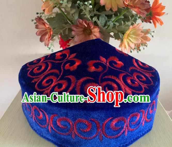 Chinese Ethnic Male Performance Headwear Kazak Nationality Embroidered Blue Pleuche Hat Xinjiang Minority Folk Dance Headdress