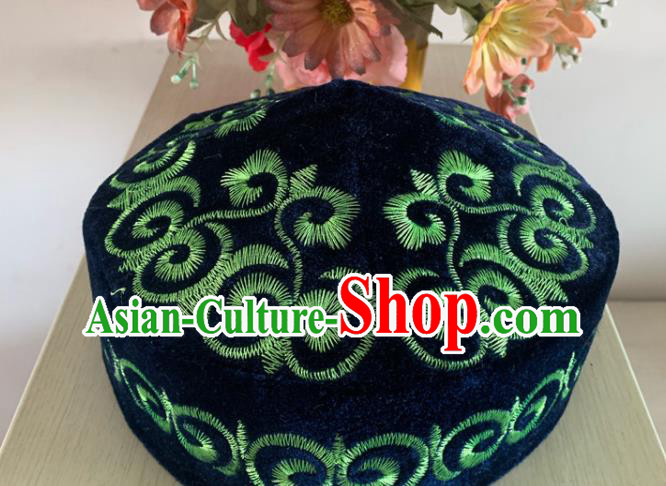 Chinese Xinjiang Minority Folk Dance Headdress Ethnic Male Performance Headwear Kazak Nationality Embroidered Navy Pleuche Hat