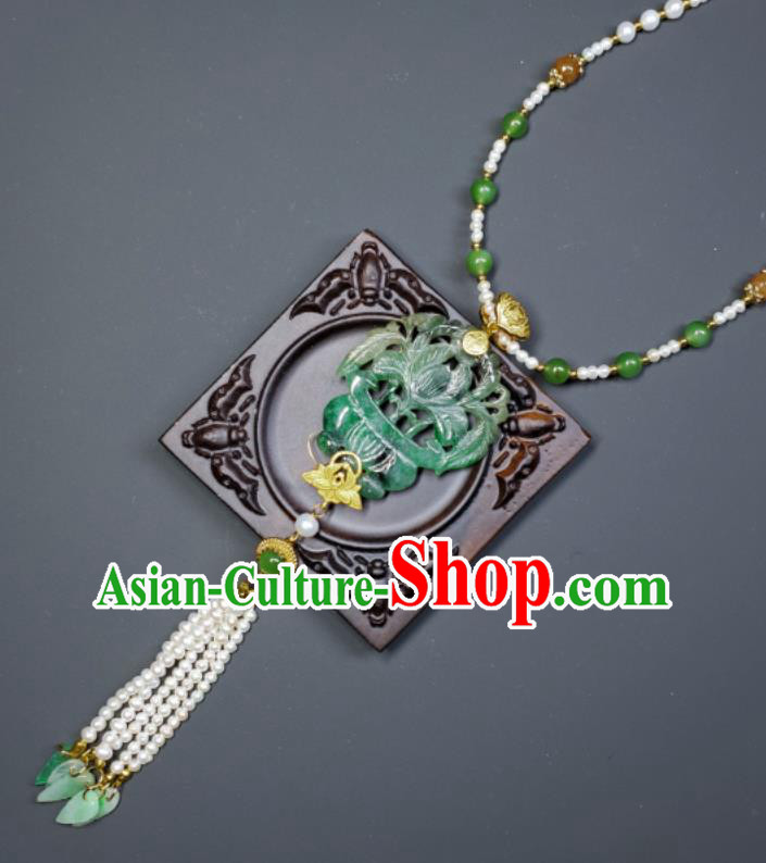 China Ancient Imperial Consort Necklace Accessories Qing Dynasty Empress Pearls Tassel Necklet Handmade Jadeite Carving Flower Basket Jewelry