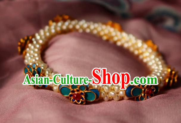 China Traditional Wristlet Accessories Handmade Qing Dynasty Empress Pearls Bangle Jewelry Ancient Imperial Consort Blueing Bracelet