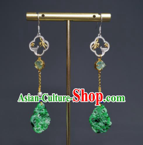 Handmade Chinese National Earrings Traditional Cheongsam Ear Jewelry Qing Dynasty Eardrop Jadeite Carving Ear Accessories