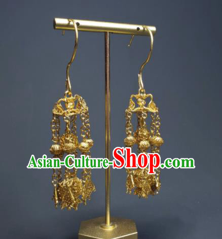 Handmade Chinese Traditional Ear Accessories National Golden Lantern Earrings Cheongsam Ear Jewelry Qing Dynasty Court Tassel Eardrop