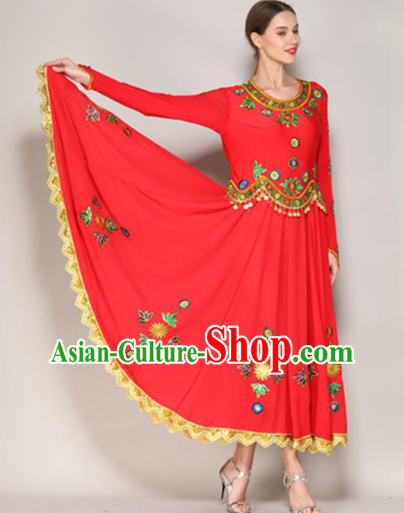 Chinese Xinjiang Uighur Minority Dance Clothing Ethnic Garment Costume Uyghur Nationality Stage Performance Red Dress