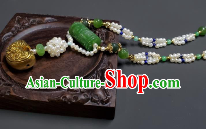China Handmade Golden Longevity Lock Jewelry Ancient Imperial Consort Jade Necklace Accessories Qing Dynasty Empress Pearls Necklet