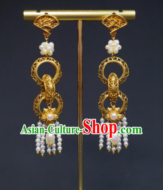 Handmade Chinese Cheongsam Ear Jewelry Qing Dynasty Empress Eardrop Traditional Pearls Tassel Ear Accessories National Golden Rings Earrings