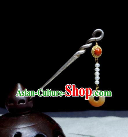Chinese Traditional Silver Hair Accessories Handmade Qing Dynasty Imperial Consort Hair Stick Ancient Empress Agate Tassel Hairpin