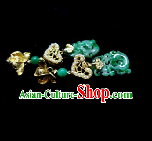 Handmade Chinese Qing Dynasty Court Woman Eardrop Cheongsam Ear Accessories National Jade Carving Dragon Earrings Traditional Lotus Ear Jewelry