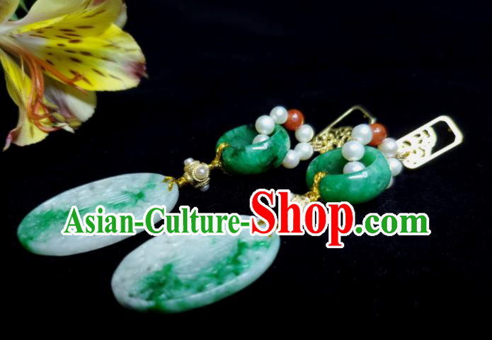 Handmade Chinese National Jade Earrings Traditional Pearls Ear Jewelry Qing Dynasty Court Woman Eardrop Cheongsam Ear Accessories